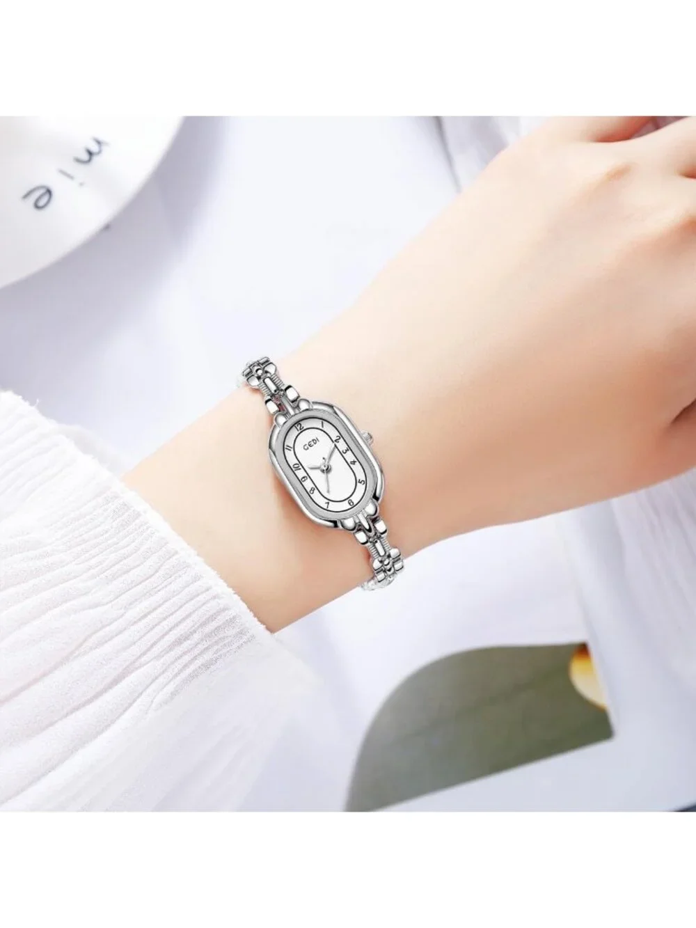 Women's Silver White Oval Vintage Bracelet Small Quartz Bangle Analog Watch